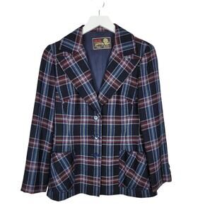 Vintage Jackson Wang Wool Blend Classic Plaid Three-Button Patch Pocket Blazer
